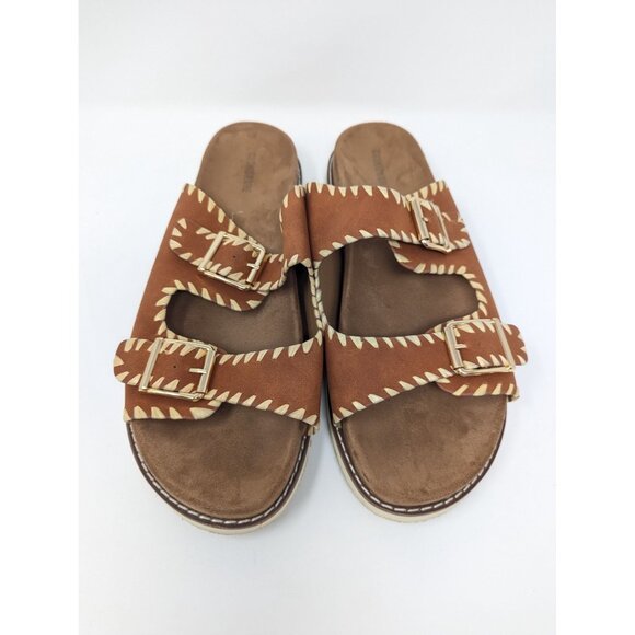 Brown Double Buckle Sandals White Stitching Comfortable Sole 11 Cushionaire - Picture 2 of 7